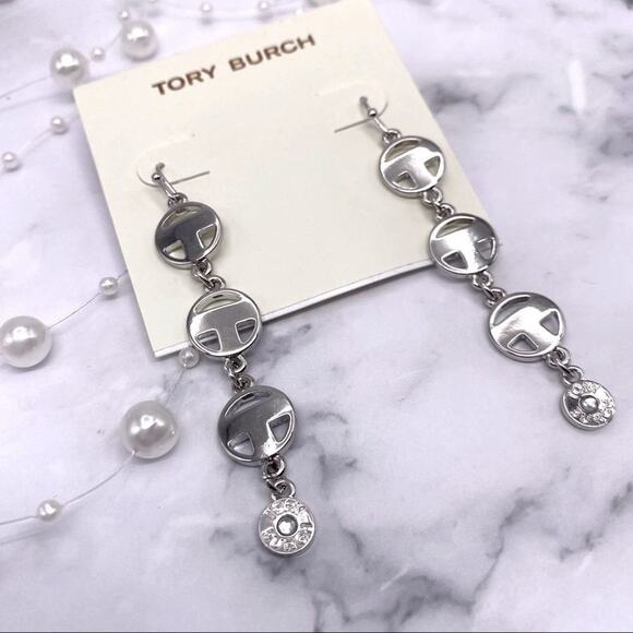 New Tory Burch Silver Round Drop T French Wire Dangle Earrings - Picture 2 of 7